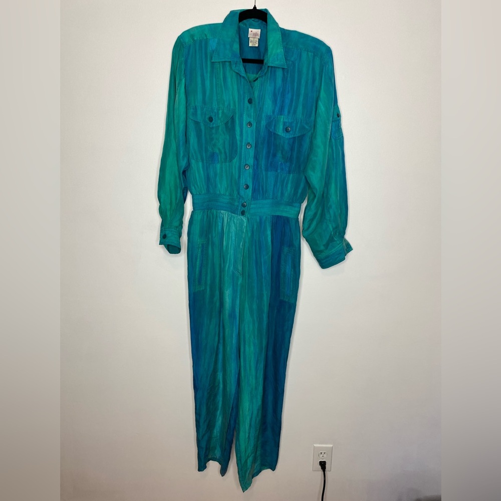 Vintage 90s Silk Watercolor Button Front Jumpsuit Coastal Boho Teal Blue - Picture 9 of 10